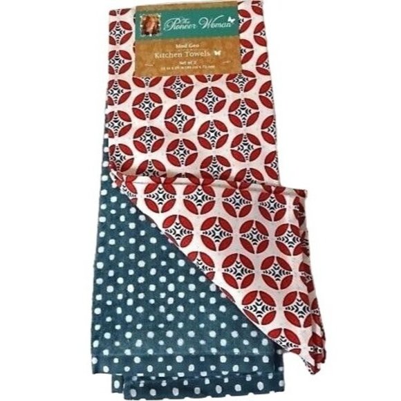 Pioneer Woman Mod Geo Kitchen Towels 2-Piece Geometric Retro Dot Red Teal White - Picture 1 of 3